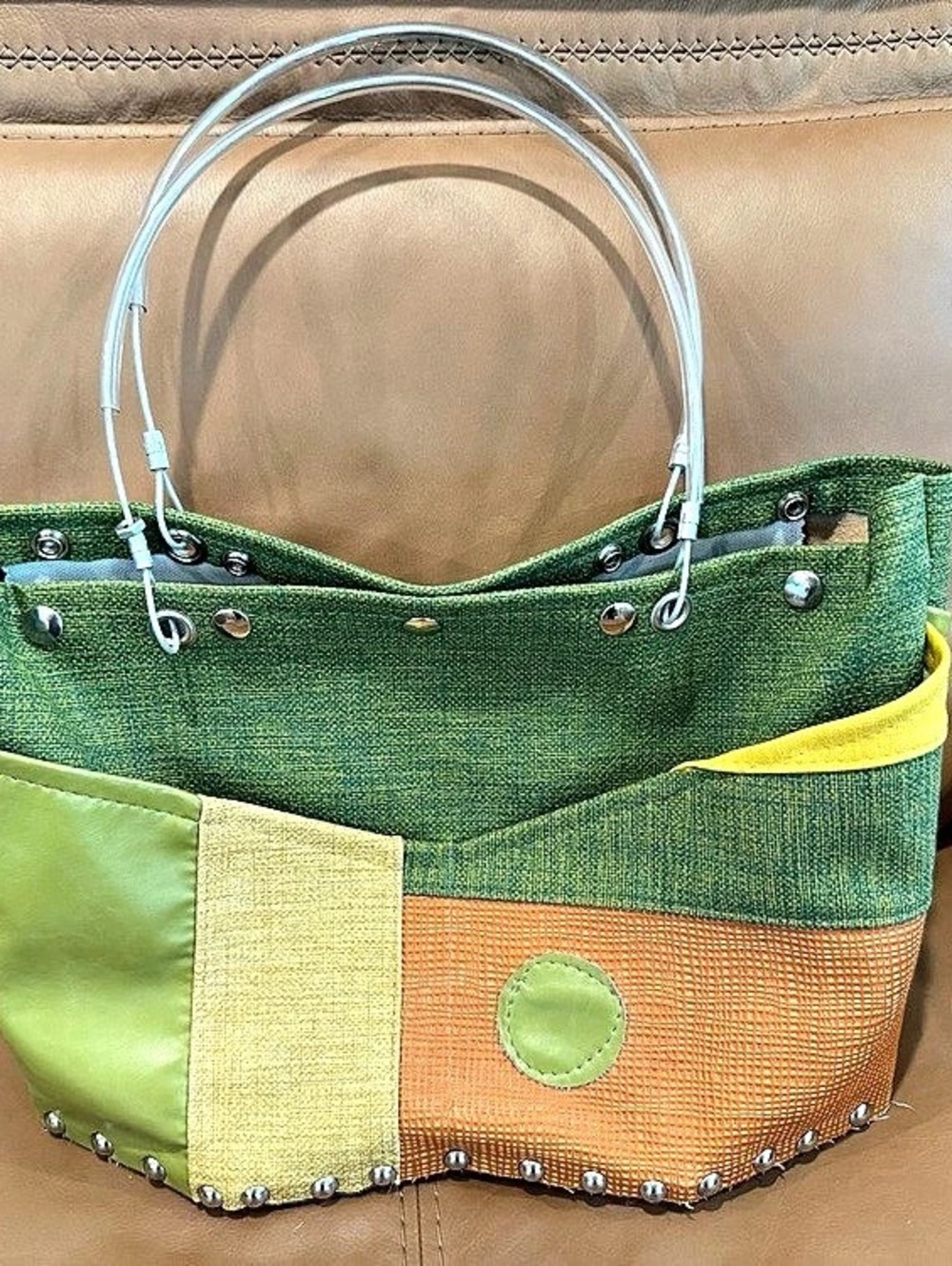 Hardwear by Renee Color Block Studded Tote Green & Orange